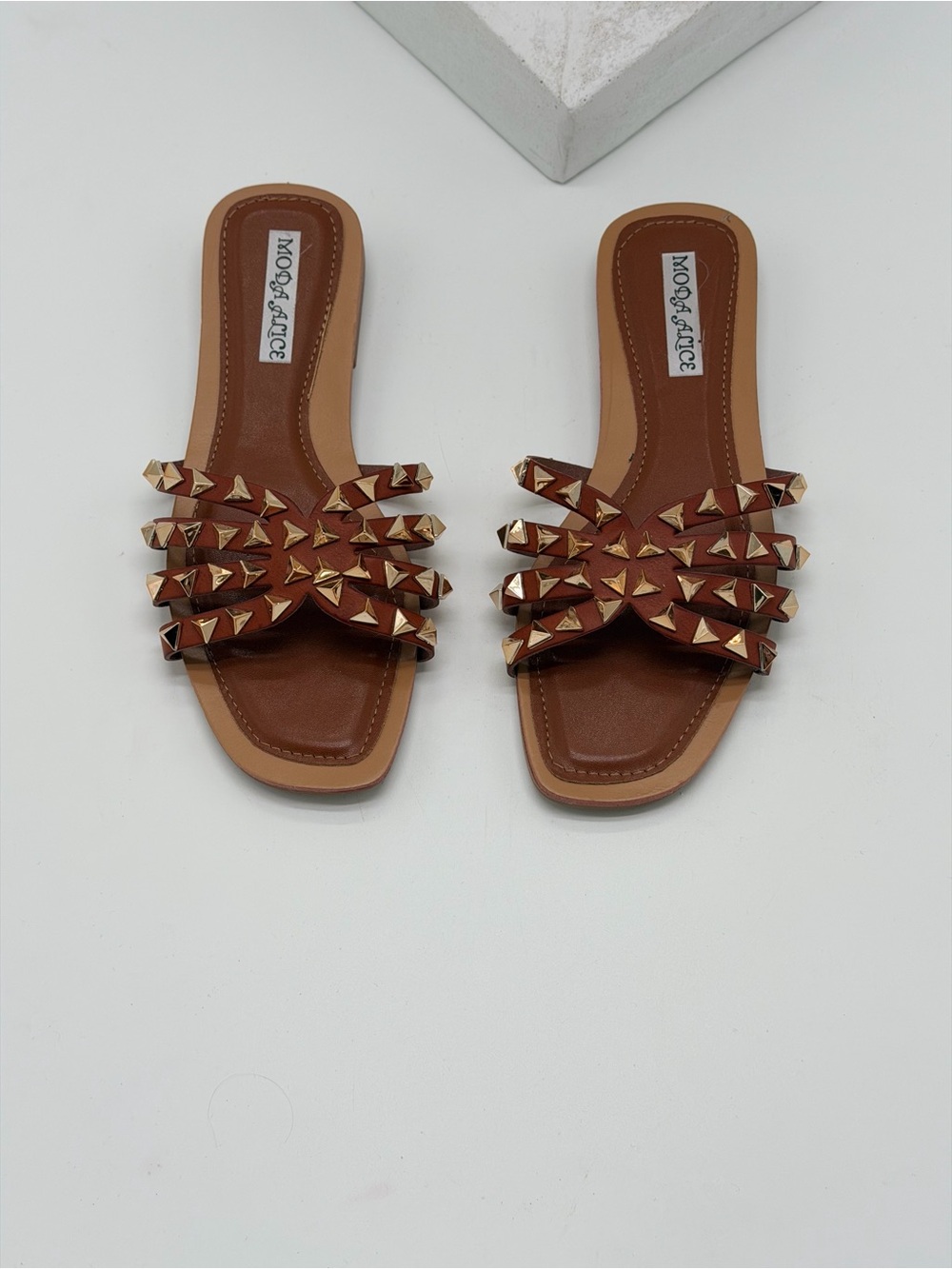 Brown Studded Leather Slide Sandals